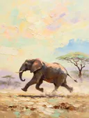Olifant in donker beweging in de mist, schilderij van olifant