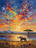 Olifant in donker het landschap aan het water, schilderij van olifant
