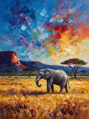 Olifant in donker het landschap tegen een muur in de schaduw, schilderij van olifant