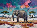 Olifant in donker pose in de sneeuw, schilderij van olifant