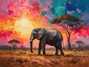Olifant in donker pose tussen de bomen, schilderij van olifant
