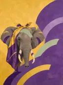 Schilderij van olifant in goudgeel en paars, in vlakke kleurvlakken