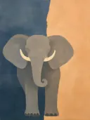 Schilderij van olifant in grijsblauw en abrikoos, in vlakke kleurvlakken