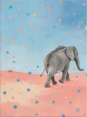 Schilderij van olifant in hemelsblauw en zalm, in vlakke kleurvlakken