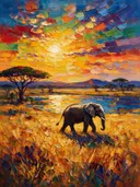 Olifant in het landschap aan het water, schilderij van olifant