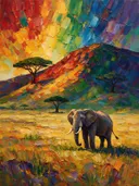 Olifant in het landschap tegen een muur in de schaduw, schilderij van olifant