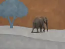 Schilderij van olifant in kaneel en duifgrijs, in vlakke kleurvlakken