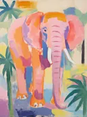 Schilderij van een roze en oranje olifant tussen groene jungle bladeren.
