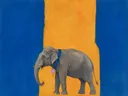 Schilderij van olifant in kobalt en saffraan, in vlakke kleurvlakken