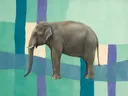 Schilderij van olifant in koele kleuren bij elkaar, in vlakke kleurvlakken