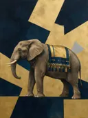 Schilderij van olifant in nachtblauw en goud, in vlakke kleurvlakken