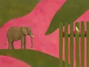 Schilderij van olifant in olijf en roze, in vlakke kleurvlakken