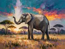Olifant in pose tussen de bomen, schilderij van olifant