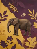 Schilderij van olifant in pruim en mosterd, in vlakke kleurvlakken