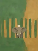 Schilderij van olifant in salie en oker, in vlakke kleurvlakken