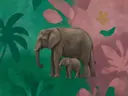 Schilderij van olifant in smaragd en oud roze, in vlakke kleurvlakken