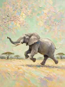 Olifant in warm beweging bij bloesem, schilderij van olifant