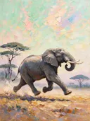 Olifant in warm beweging in de mist, schilderij van olifant