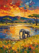 Olifant in warm het landschap aan het water, schilderij van olifant