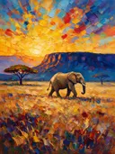 Olifant in warm het landschap tegen een muur in de schaduw, schilderij van olifant