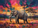 Olifant in warm pose tussen de bomen, schilderij van olifant