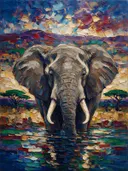 Olifant portret aan het water in diep petrol, schilderij van olifant portret aan het water, met het paletmes geschilderd...