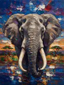 Olifant portret aan het water in kobalt, schilderij van olifant portret aan het water, met het paletmes geschilderd, op ca...