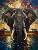 Olifant portret aan het water in warm petrol, schilderij van olifant portret aan het water, met het paletmes geschilderd...