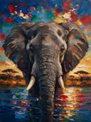 Olifant portret aan het water, schilderij van olifant portret aan het water, met het paletmes geschilderd