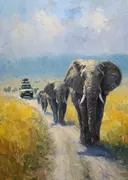 Olifantenkudde op een zanderig safaripad met een jeep op de achtergrond
