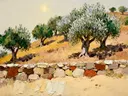 Schilderij: olijfbomen achter een steenmuur