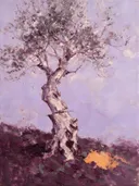 Schilderij: olijfboom in fragmenten, lila