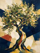 Schilderij: olijfboom in vlakken, geel