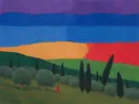 Schilderij van olijfgaard op een helling in alle kleuren van de regenboog