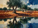 Landschapsschilderij, olijfgaard op rode aarde in hoogzomer