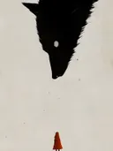 Zwarte wolfskop ondersteboven boven een figuurtje in rode mantel