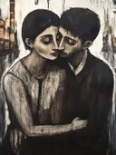 Sepia schilderij van een omhelzend koppel