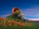 Digitale illustratie van een omgevallen bloempot met daaruit stromende bloemen op een heuvel