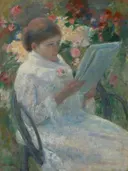 On a Balcony van Mary Cassatt: figuren met vrouw, lezen, balkon en bloemen, in licht groen en wit