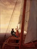 On a Sailing Ship van Caspar David Friedrich: zee met zeilschip, mast, zee en passagiers, in warm oranje en rood