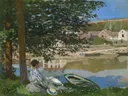 On the Bank of the Seine, Bennecourt van Claude Monet: figuren met vrouw, rivier, bomen en oever, in groen met blauw