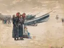 On the Beach, Tynemouth 1881 van Winslow Homer: figuren met strand, vrouwen, boot en kust, in licht beige en blauw