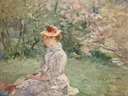 On the Island van Berthe Morisot: figuren met vrouw, hoed, bloesem en gras, in licht roze en groen