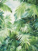 Aquarelschilderij van dicht palmbladerdak van onderaf gezien tegen een lichte lucht.