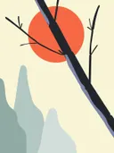 Illustratie van een oranje zon achter een boomtak boven bergen.