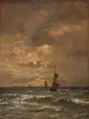 Ondergaande zon met woelige zee van Hendrik Willem Mesdag: zee met zee, golven, zonsondergang en zeilschip, in warm grijsbruin