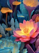 Schilderij van paddenstoelvormige bloemen in een onderwatertuin met een visje