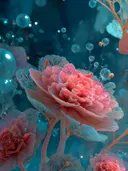 Schilderij van glazige roze bloemen onder water met opstijgende bellen