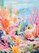 Schilderij van kleurrijke vissen zwemmend tussen roze en oranje koraal.