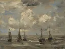 Onstuimige zee van Hendrik Willem Mesdag: zee met golven, wolken, schepen en storm, in gedempt grijsblauw